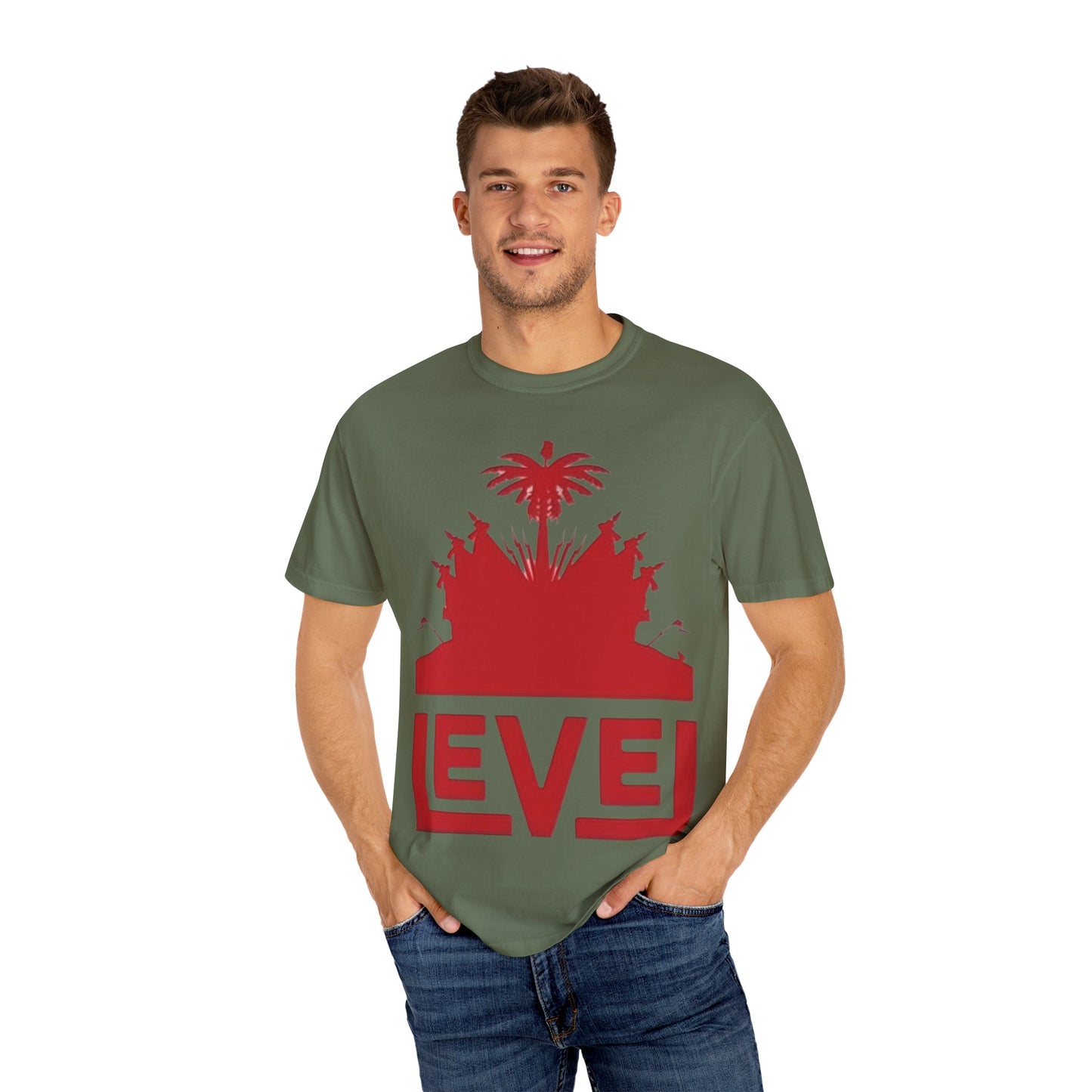 haiti Garment-Dyed T-Shirt with 'LEVEL' Design, Casual Wear, Street Style Tee, Gift for Gamers, Unique Graphic Shirt