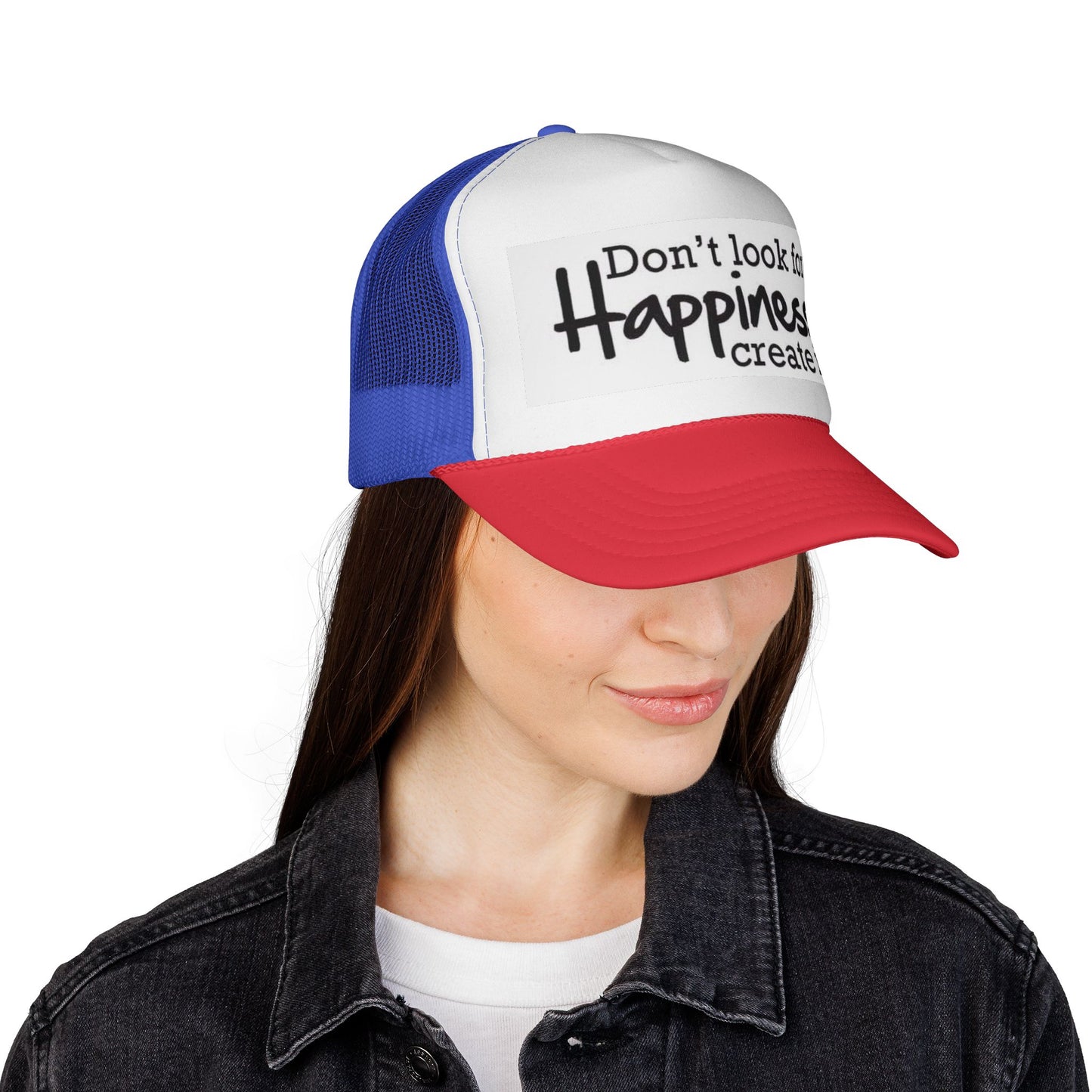 Inspirational Trucker Cap - Happiness Quote Hat, Gift for Outdoors, Motivational Headwear, Casual Style, Trendy Accessory