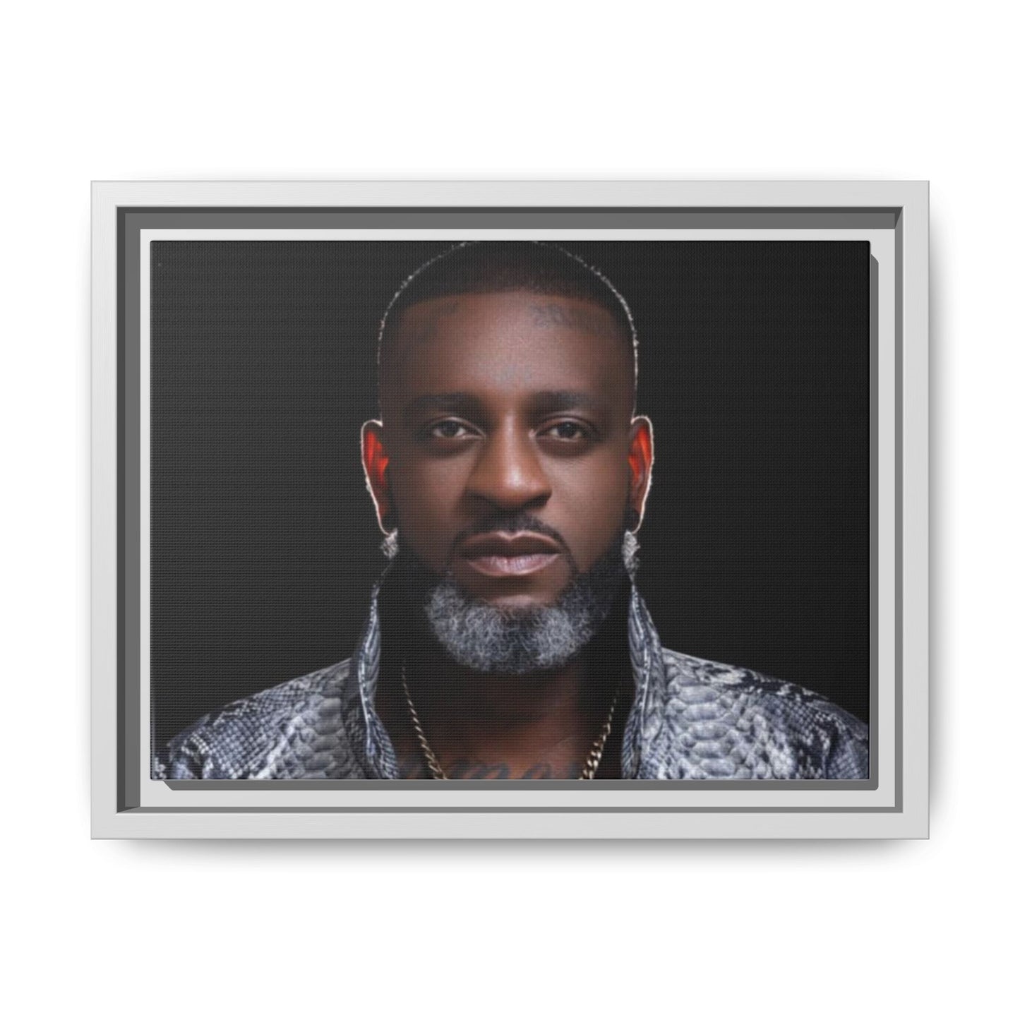 Framed Matte Canvas Portrait – Stylish Black & Gray Headshot Wall Art