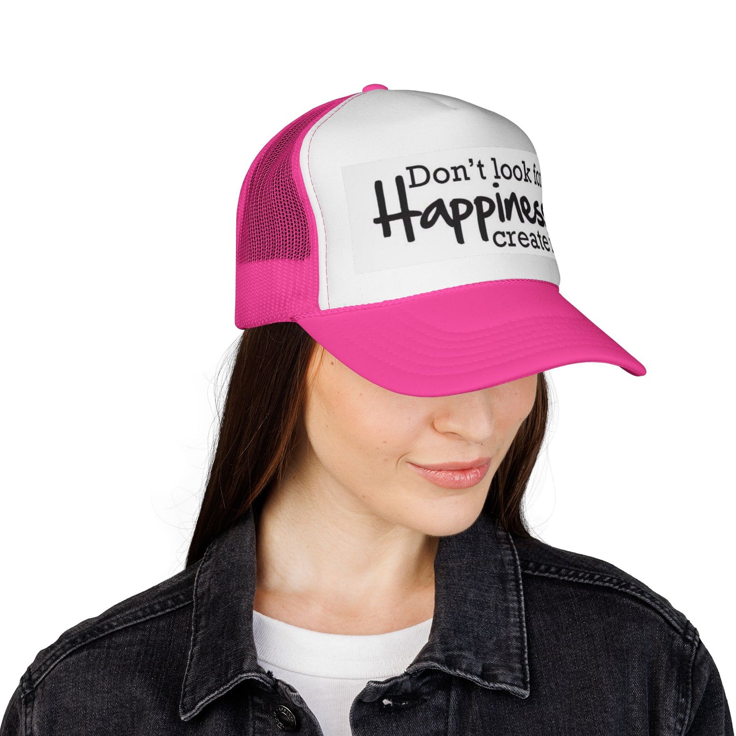 Inspirational Trucker Cap - Happiness Quote Hat, Gift for Outdoors, Motivational Headwear, Casual Style, Trendy Accessory