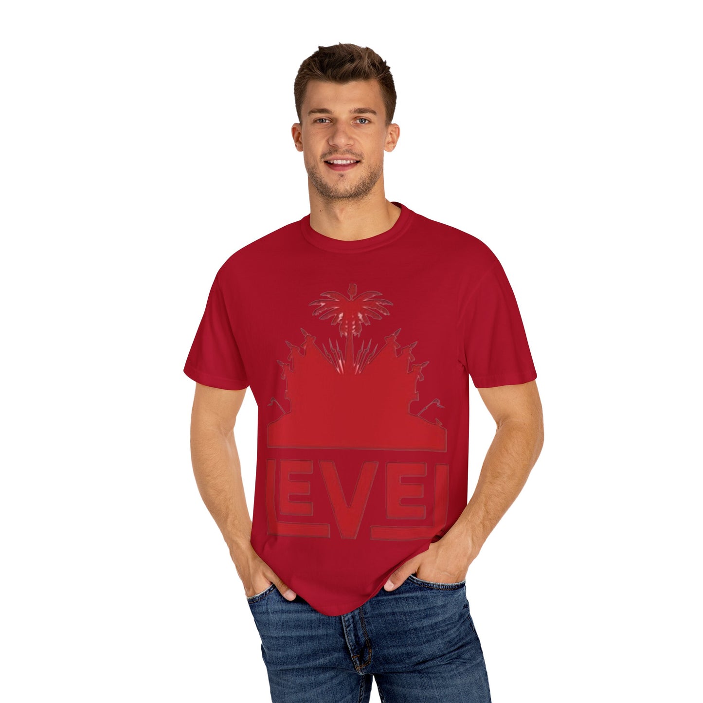 haiti Garment-Dyed T-Shirt with 'LEVEL' Design, Casual Wear, Street Style Tee, Gift for Gamers, Unique Graphic Shirt