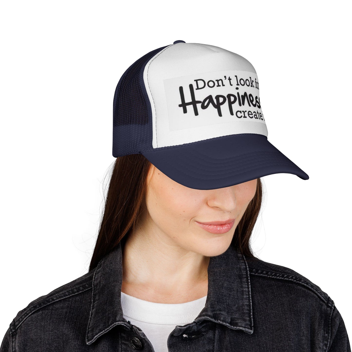 Inspirational Trucker Cap - Happiness Quote Hat, Gift for Outdoors, Motivational Headwear, Casual Style, Trendy Accessory