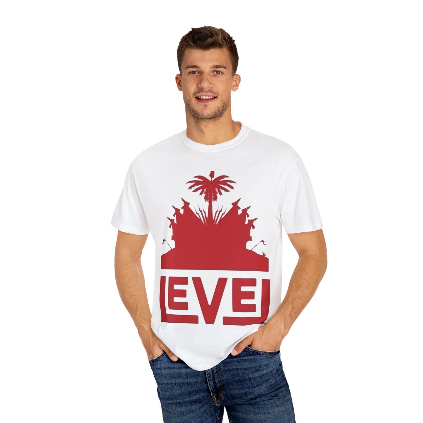 haiti Garment-Dyed T-Shirt with 'LEVEL' Design, Casual Wear, Street Style Tee, Gift for Gamers, Unique Graphic Shirt