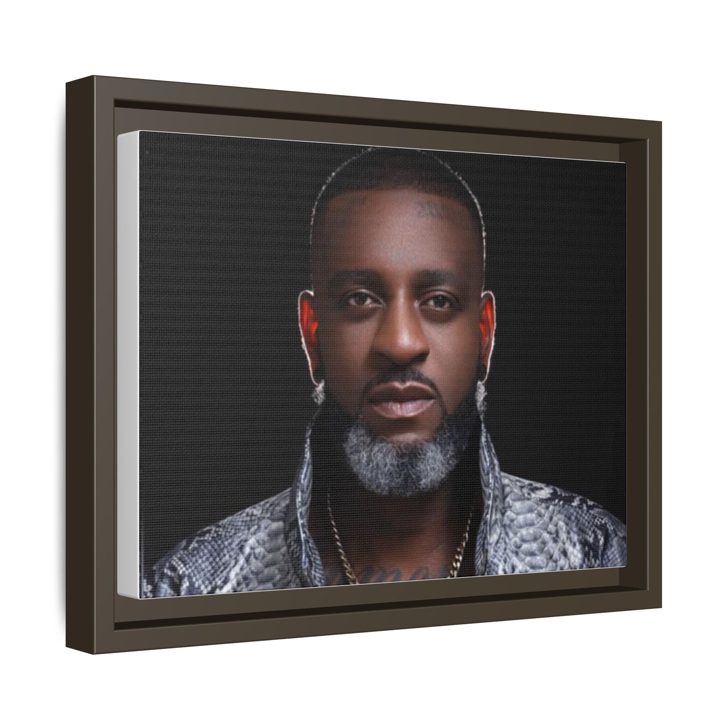 Framed Matte Canvas Portrait – Stylish Black & Gray Headshot Wall Art