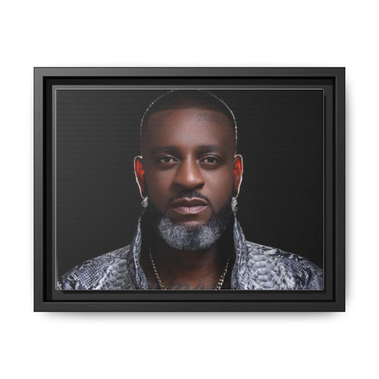 Framed Matte Canvas Portrait – Stylish Black & Gray Headshot Wall Art
