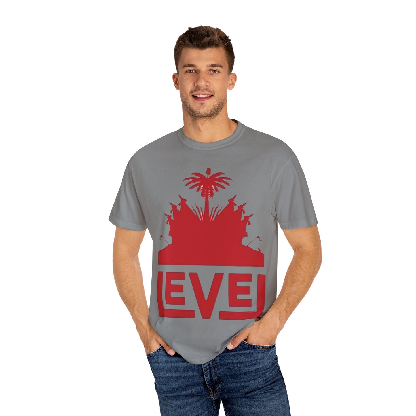 haiti Garment-Dyed T-Shirt with 'LEVEL' Design, Casual Wear, Street Style Tee, Gift for Gamers, Unique Graphic Shirt