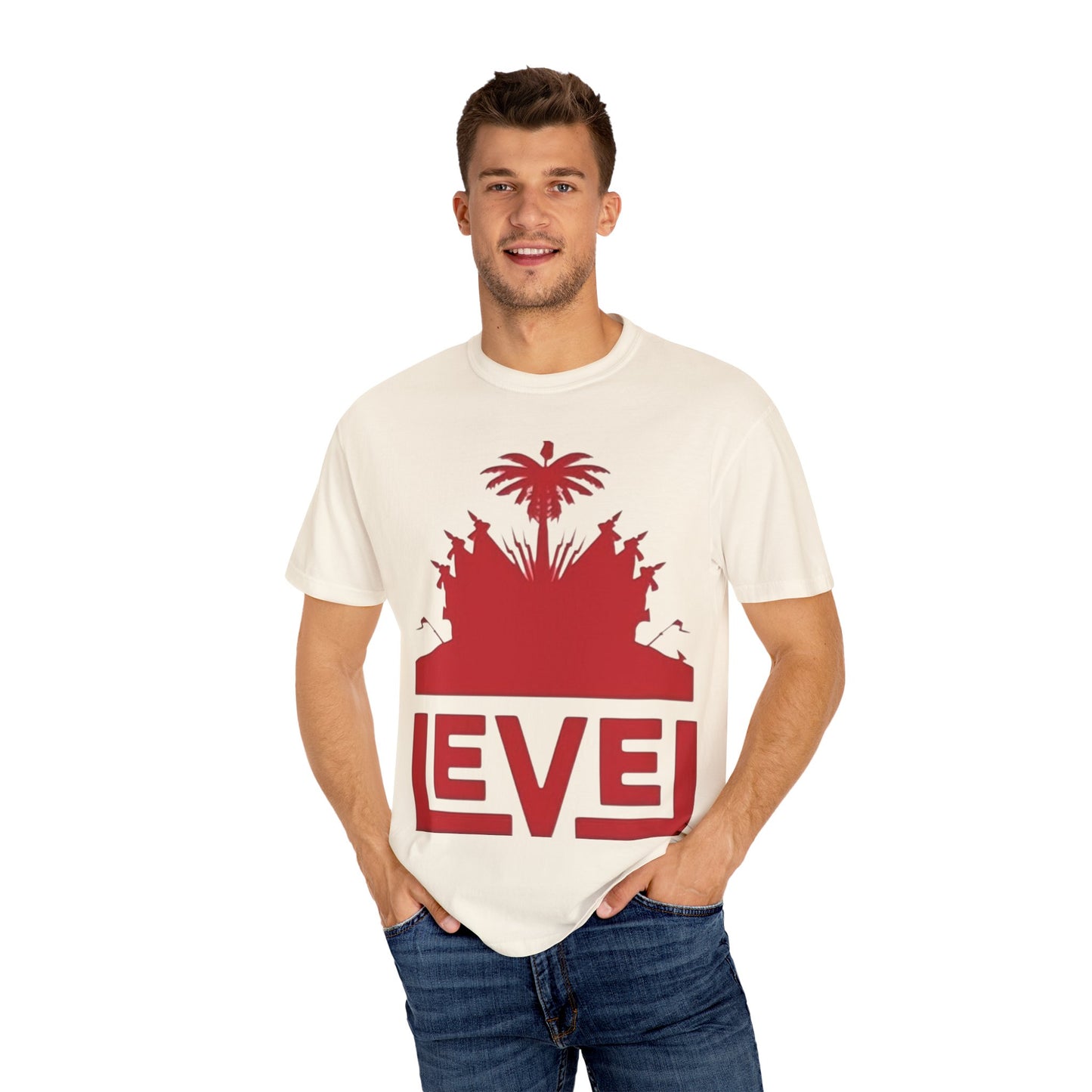 haiti Garment-Dyed T-Shirt with 'LEVEL' Design, Casual Wear, Street Style Tee, Gift for Gamers, Unique Graphic Shirt