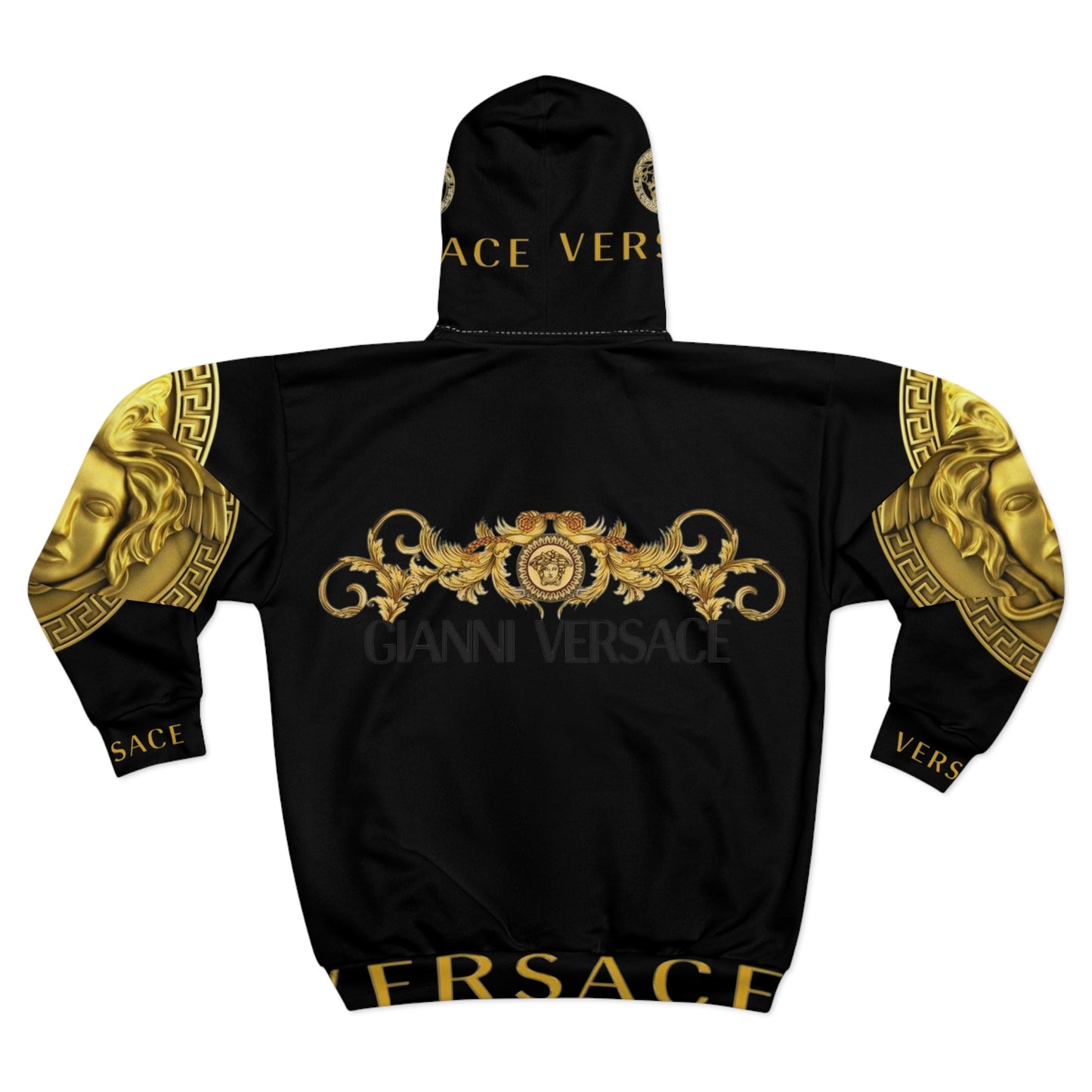 Versace-Inspired Unisex Zip Hoodie - Bold Gold AOP Design