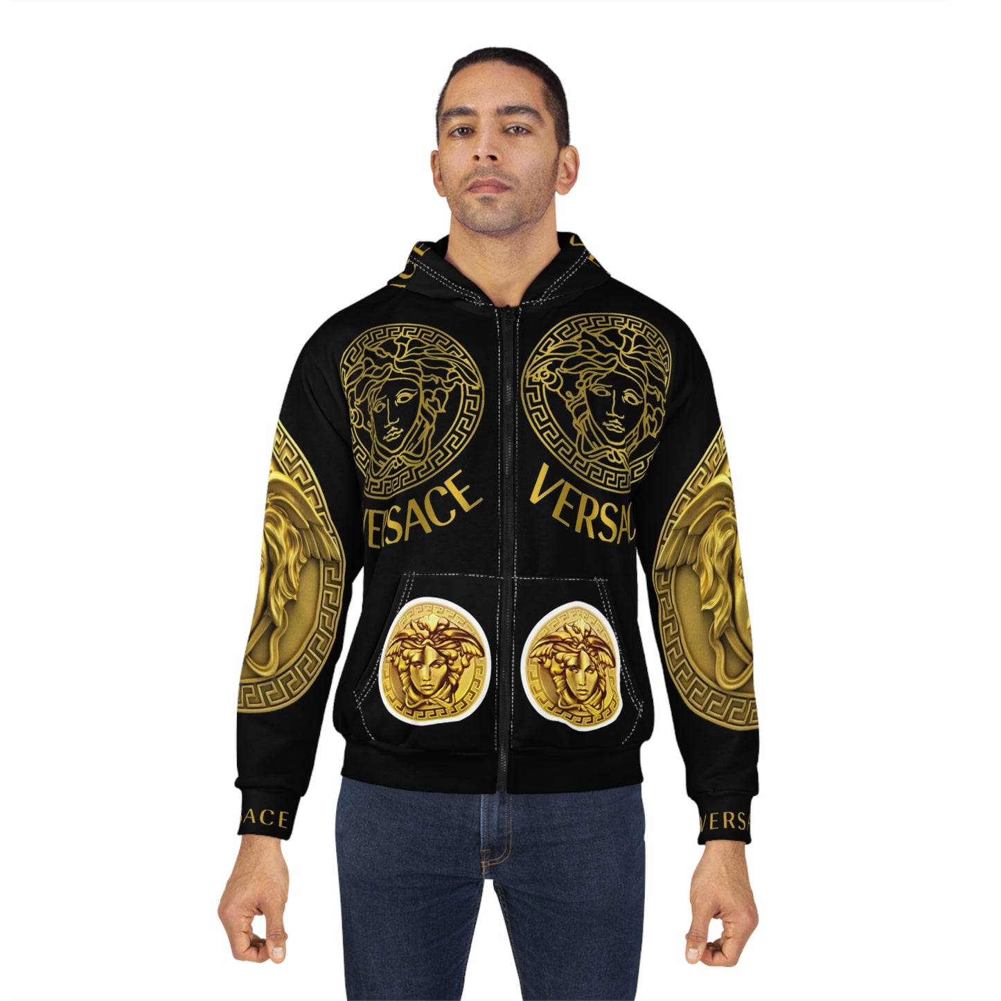 Versace-Inspired Unisex Zip Hoodie - Bold Gold AOP Design