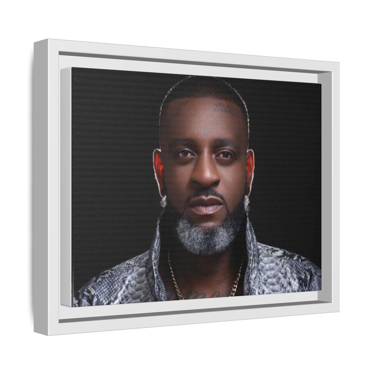 Framed Matte Canvas Portrait – Stylish Black & Gray Headshot Wall Art