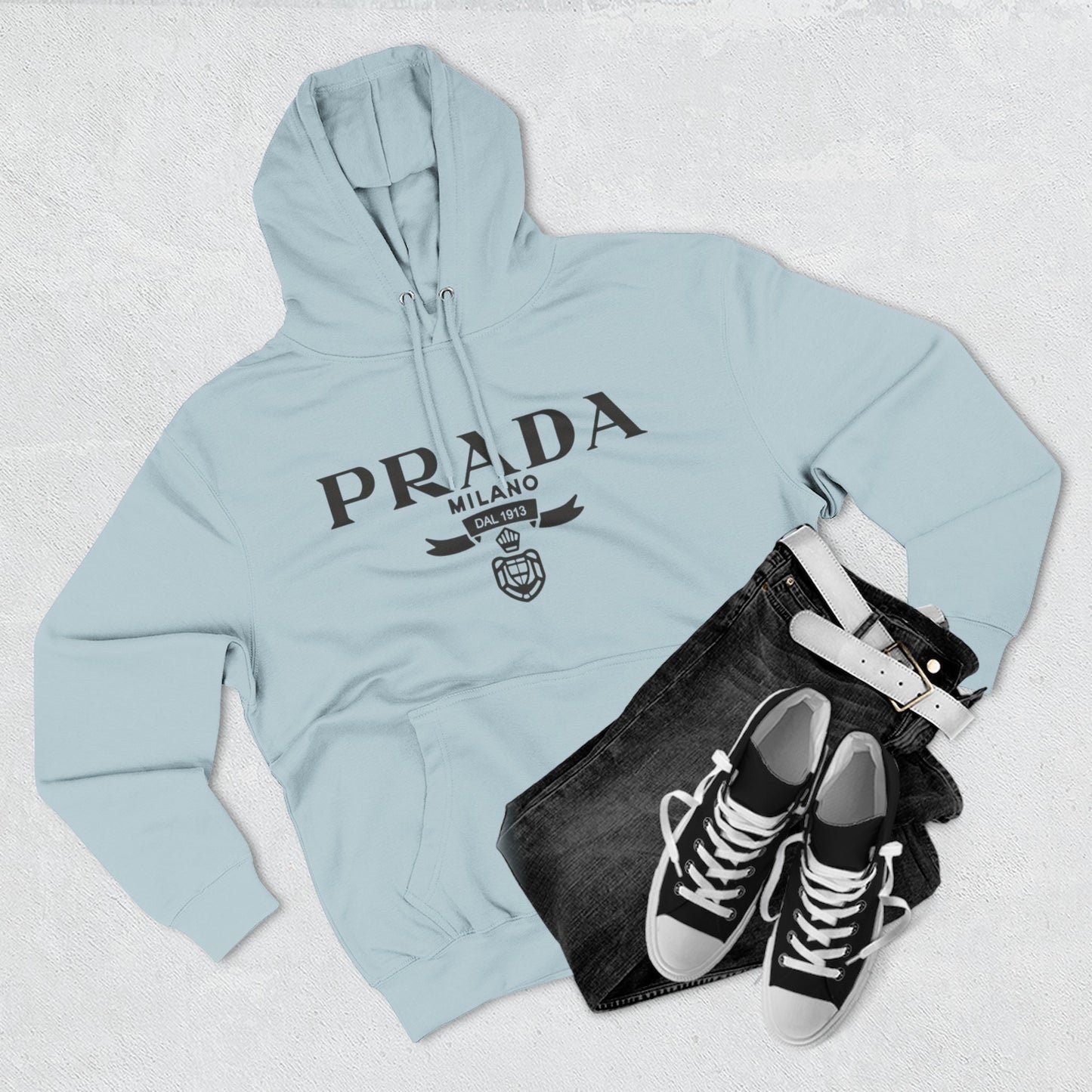 Designer Logo Hoodie — PRADA Milano Graphic Fleece Pullover