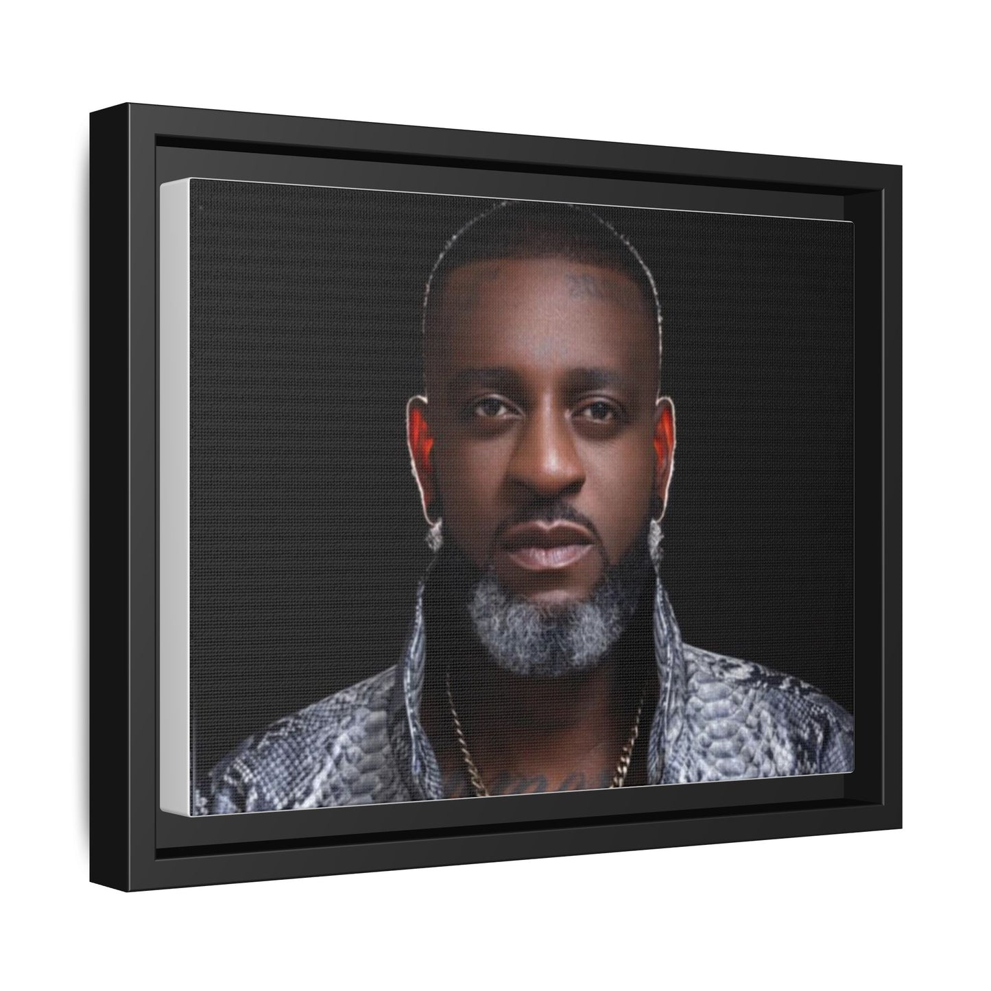Framed Matte Canvas Portrait – Stylish Black & Gray Headshot Wall Art