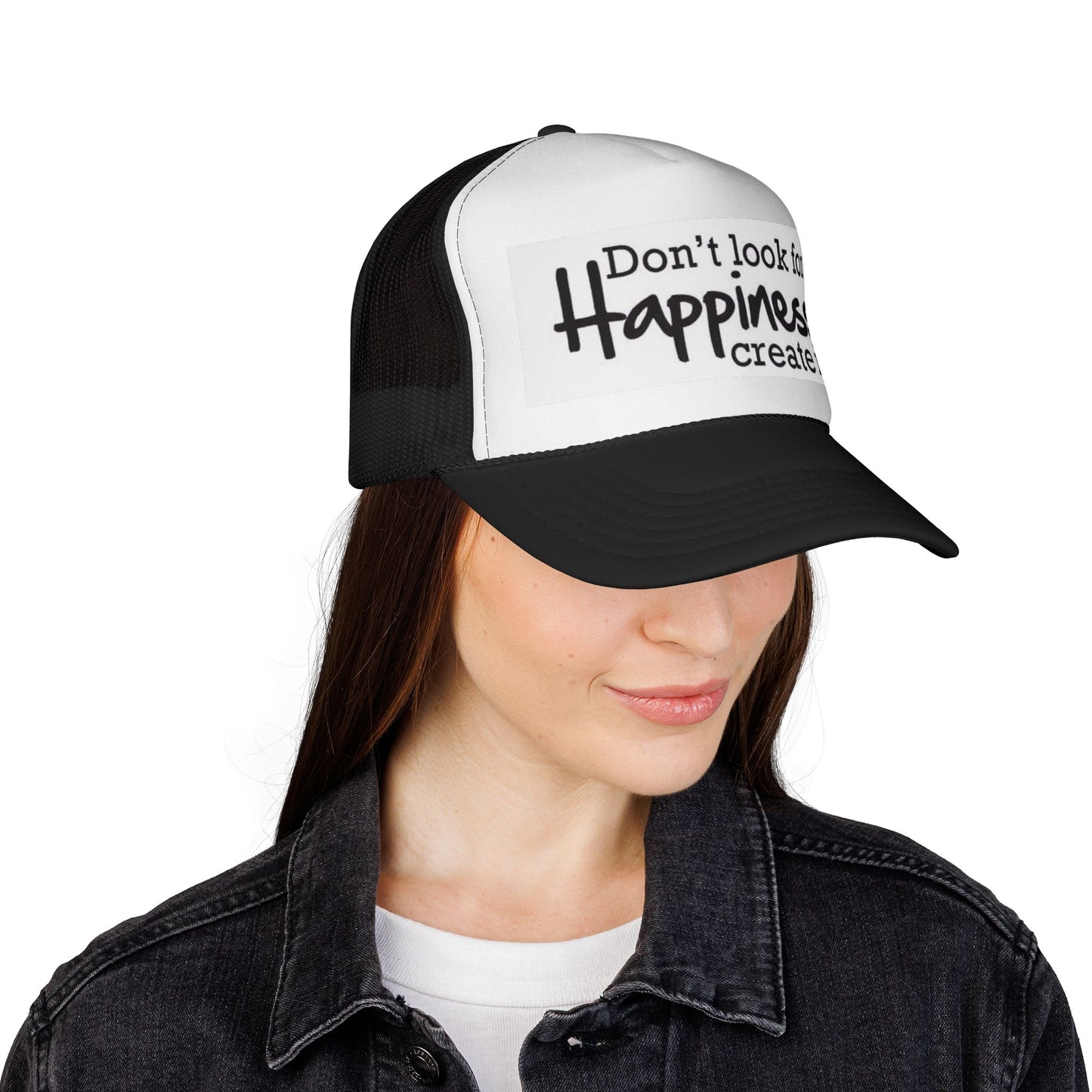 Inspirational Trucker Cap - Happiness Quote Hat, Gift for Outdoors, Motivational Headwear, Casual Style, Trendy Accessory