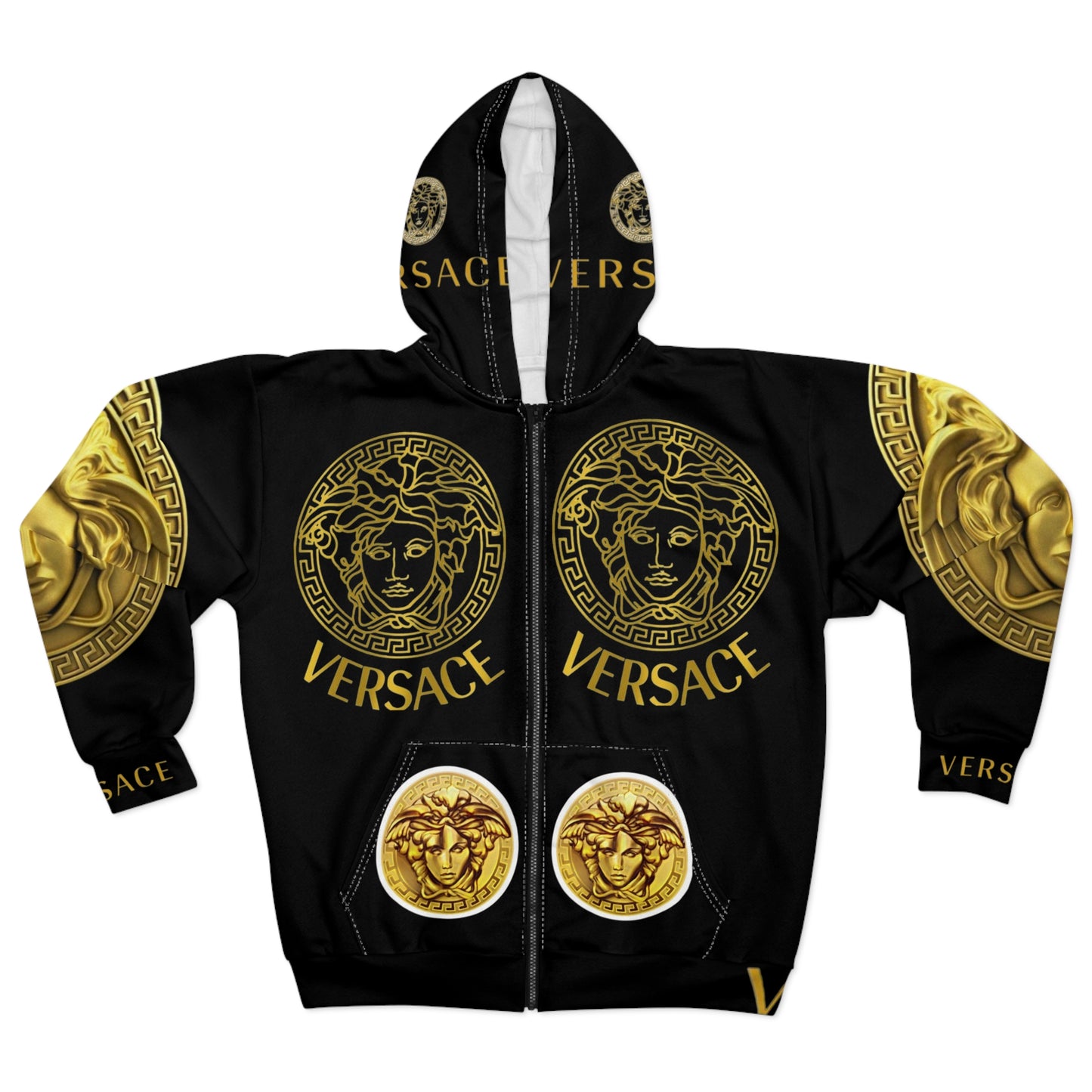 Versace-Inspired Unisex Zip Hoodie - Bold Gold AOP Design
