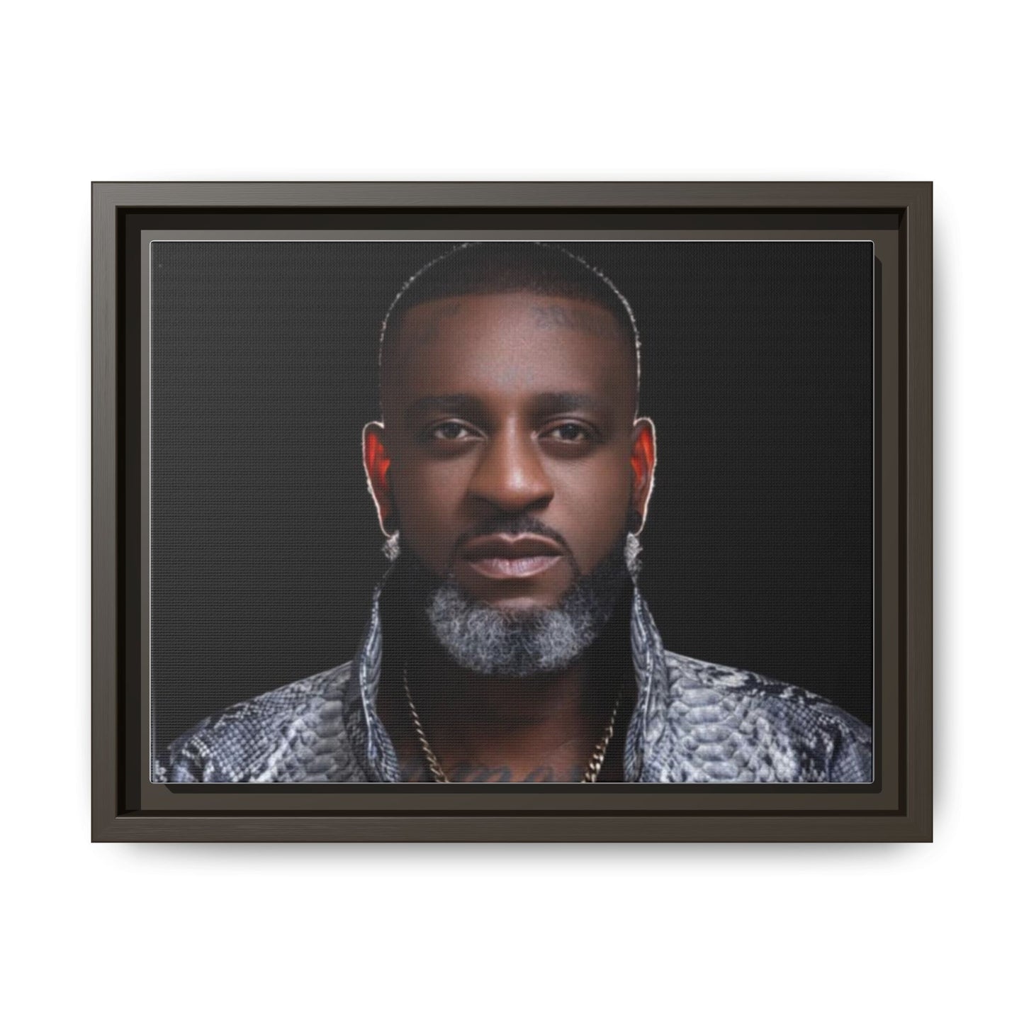Framed Matte Canvas Portrait – Stylish Black & Gray Headshot Wall Art