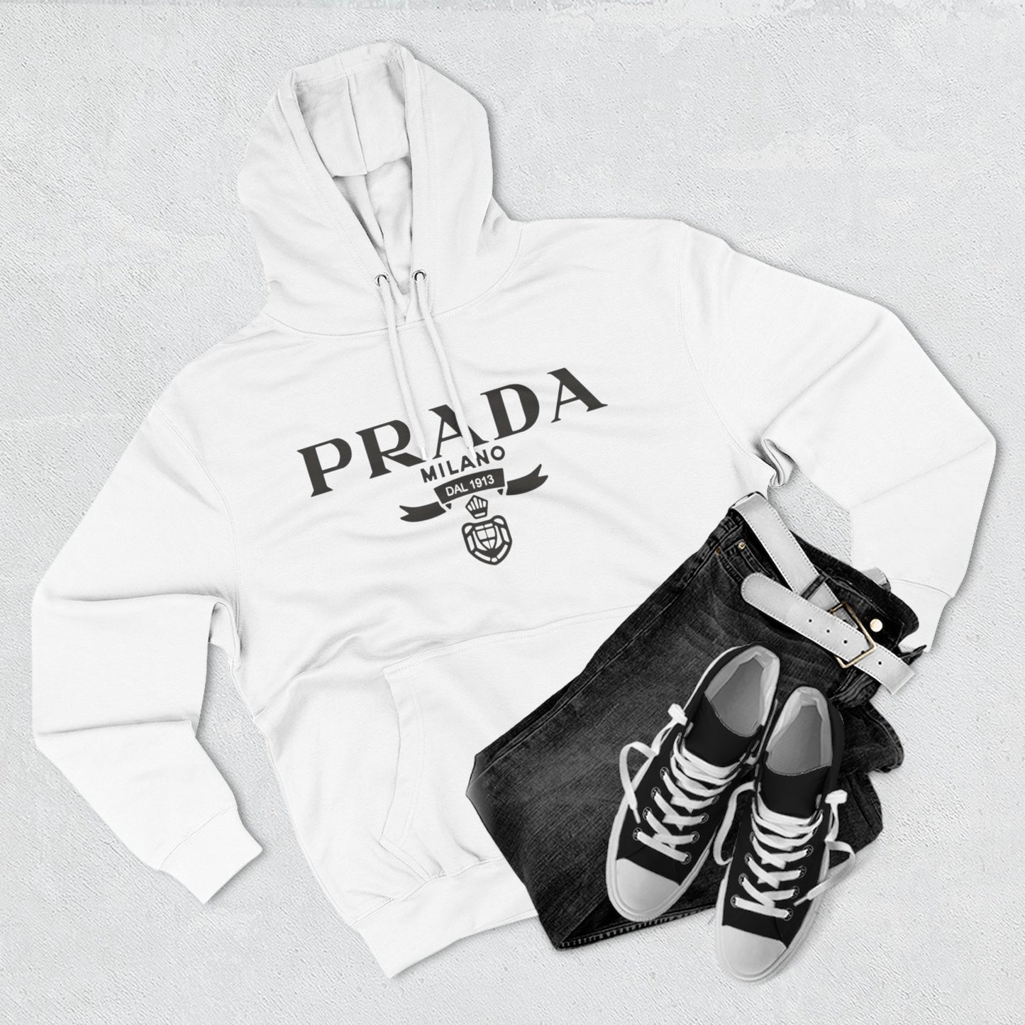 Designer Logo Hoodie — PRADA Milano Graphic Fleece Pullover