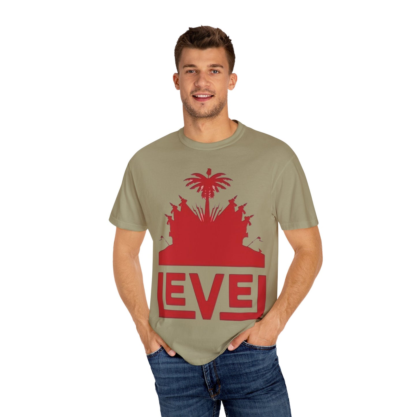 haiti Garment-Dyed T-Shirt with 'LEVEL' Design, Casual Wear, Street Style Tee, Gift for Gamers, Unique Graphic Shirt