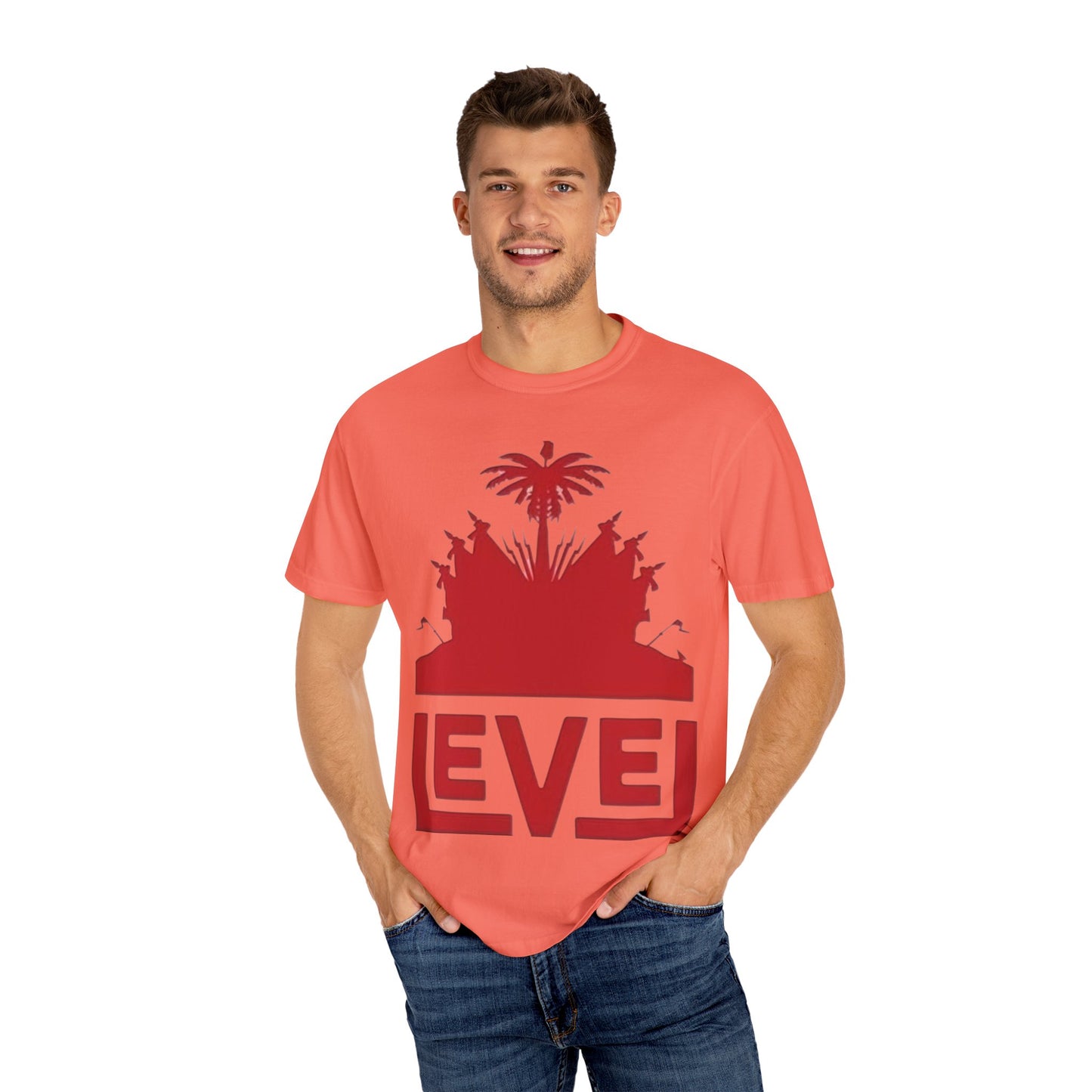 haiti Garment-Dyed T-Shirt with 'LEVEL' Design, Casual Wear, Street Style Tee, Gift for Gamers, Unique Graphic Shirt