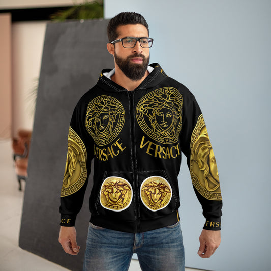 Versace-Inspired Unisex Zip Hoodie - Bold Gold AOP Design