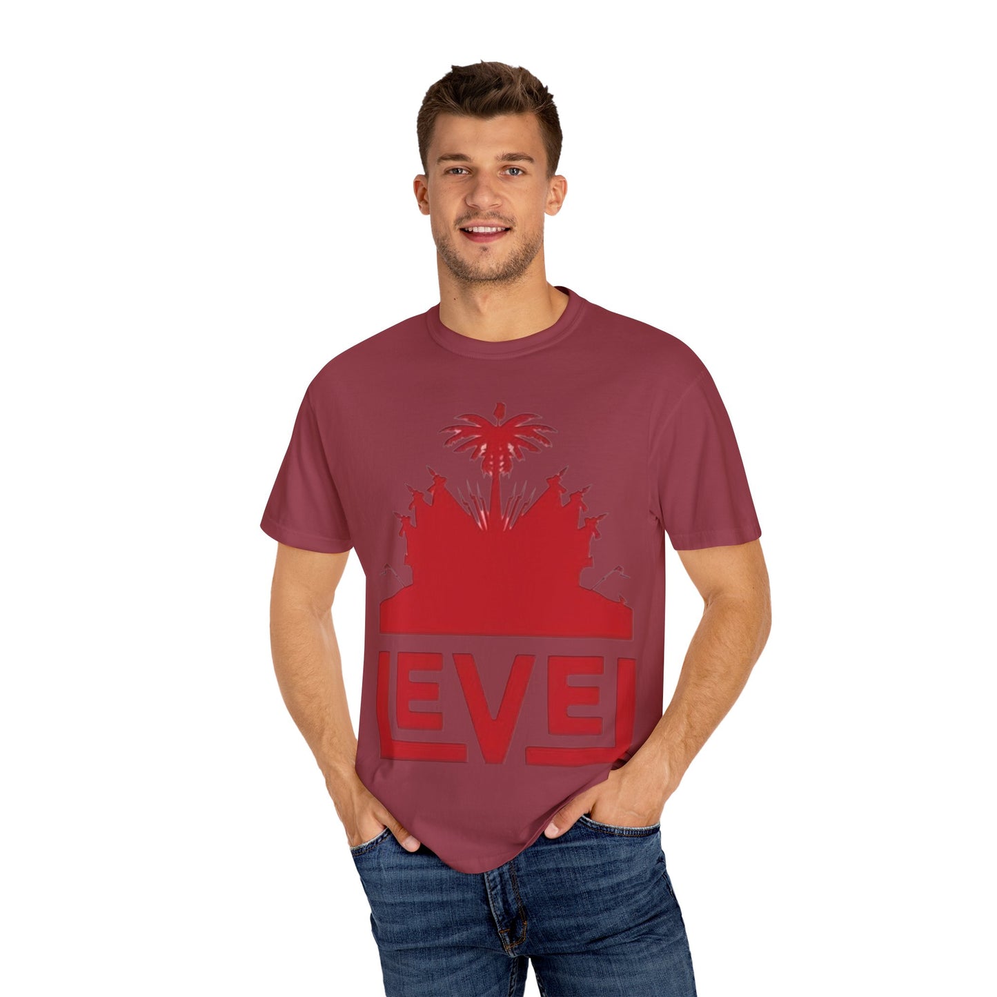 haiti Garment-Dyed T-Shirt with 'LEVEL' Design, Casual Wear, Street Style Tee, Gift for Gamers, Unique Graphic Shirt