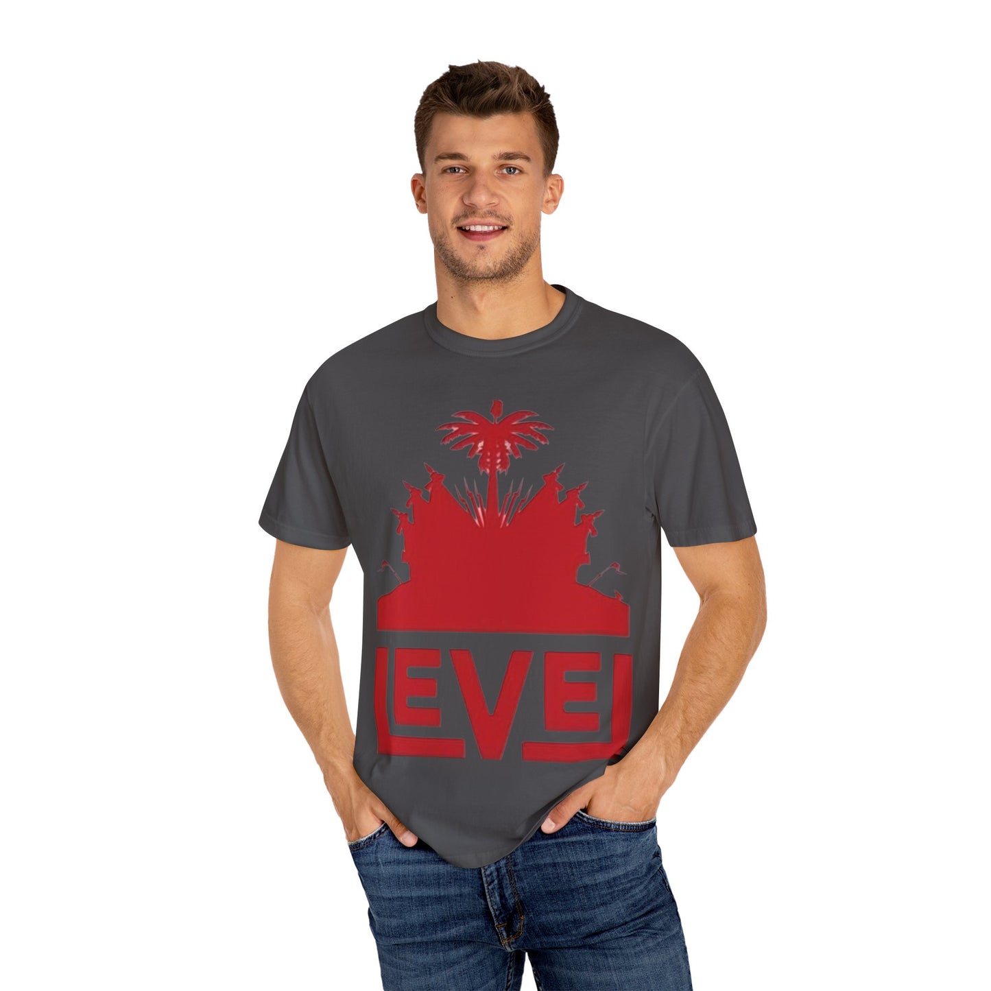 haiti Garment-Dyed T-Shirt with 'LEVEL' Design, Casual Wear, Street Style Tee, Gift for Gamers, Unique Graphic Shirt