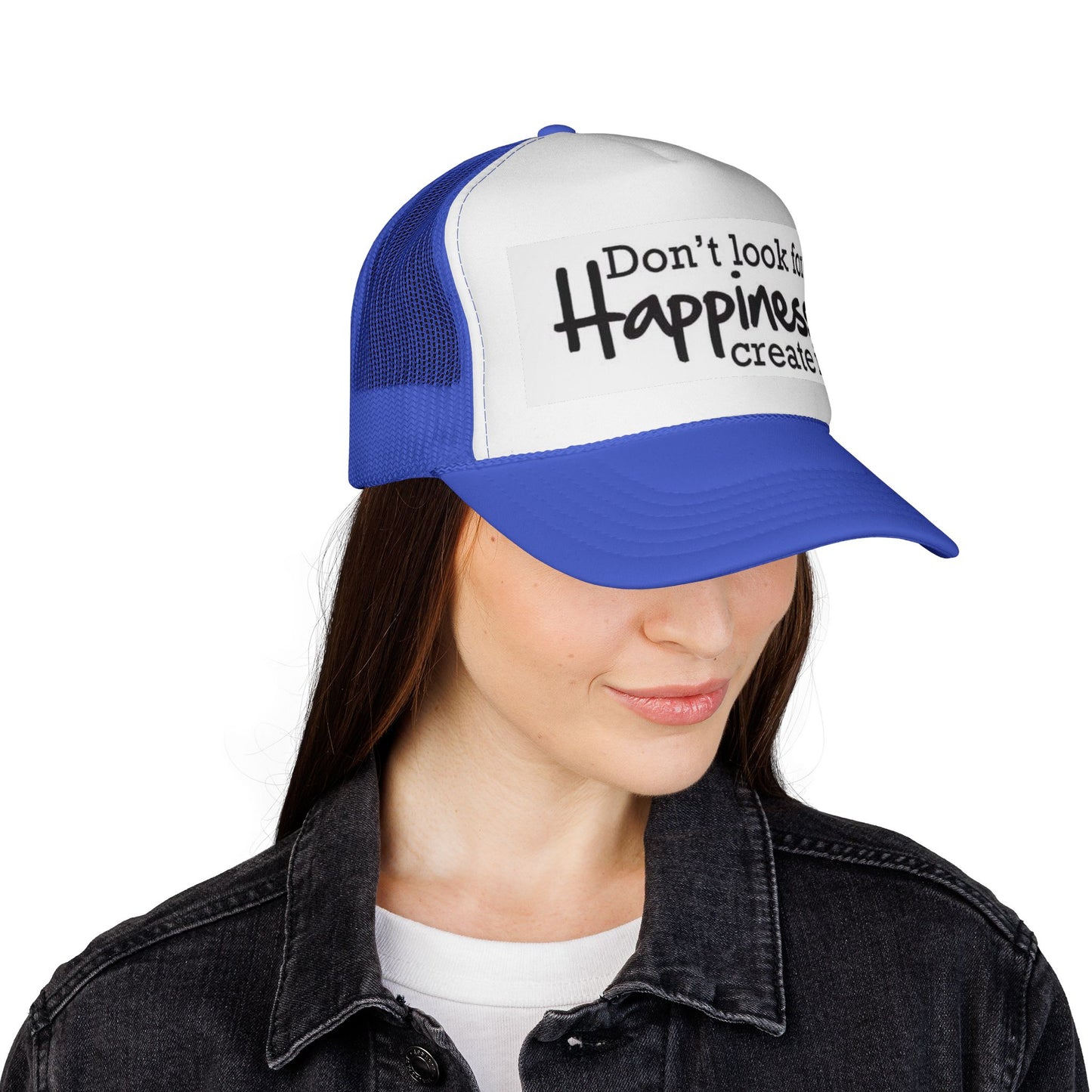 Inspirational Trucker Cap - Happiness Quote Hat, Gift for Outdoors, Motivational Headwear, Casual Style, Trendy Accessory