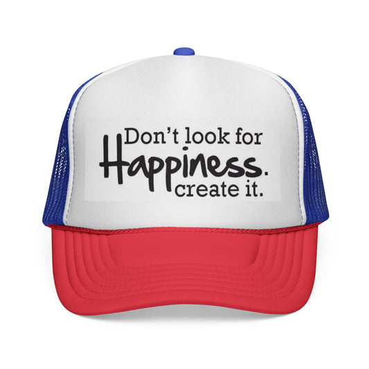 Inspirational Trucker Cap - Happiness Quote Hat, Gift for Outdoors, Motivational Headwear, Casual Style, Trendy Accessory