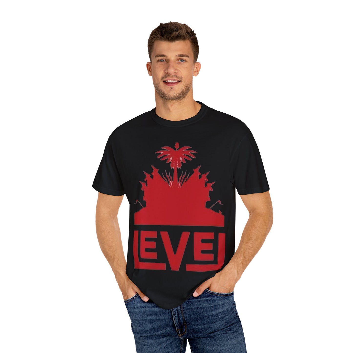haiti Garment-Dyed T-Shirt with 'LEVEL' Design, Casual Wear, Street Style Tee, Gift for Gamers, Unique Graphic Shirt
