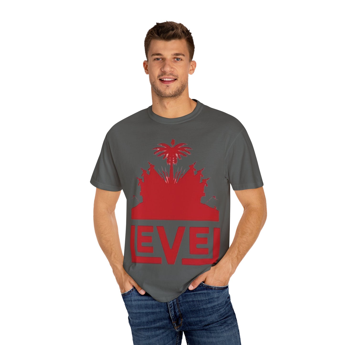 haiti Garment-Dyed T-Shirt with 'LEVEL' Design, Casual Wear, Street Style Tee, Gift for Gamers, Unique Graphic Shirt